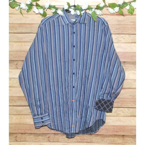 TD Thomas Dean Blue Striped Casual Button Up Shirt Size L Flip Contrast Cuff - Picture 1 of 10
